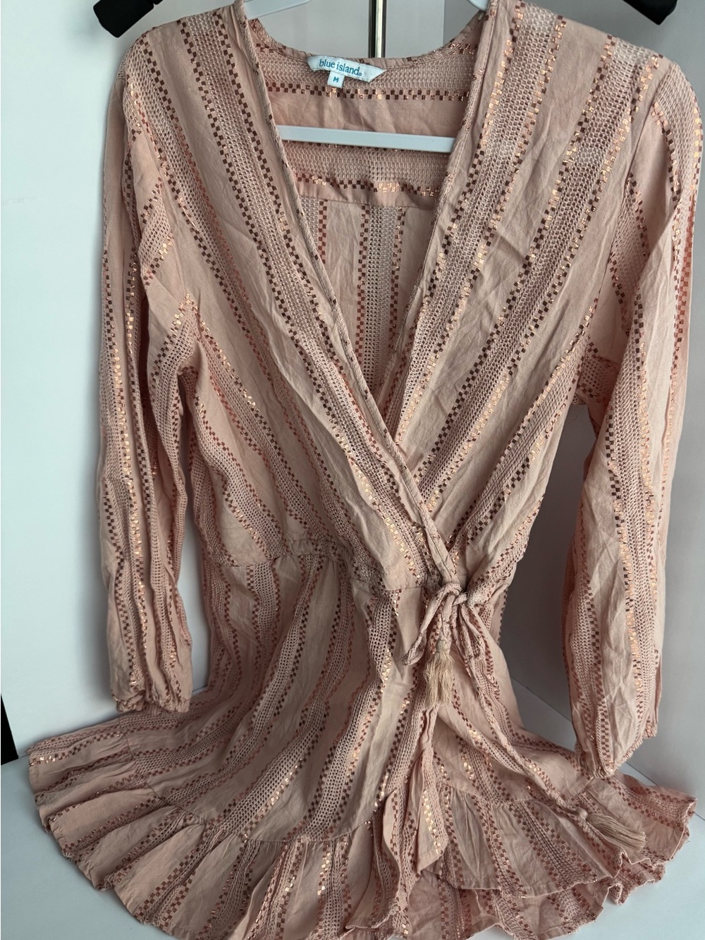 Blue Island Boho Wrap Romper Blush Pink Long Sleeve Tassel Tie Medium